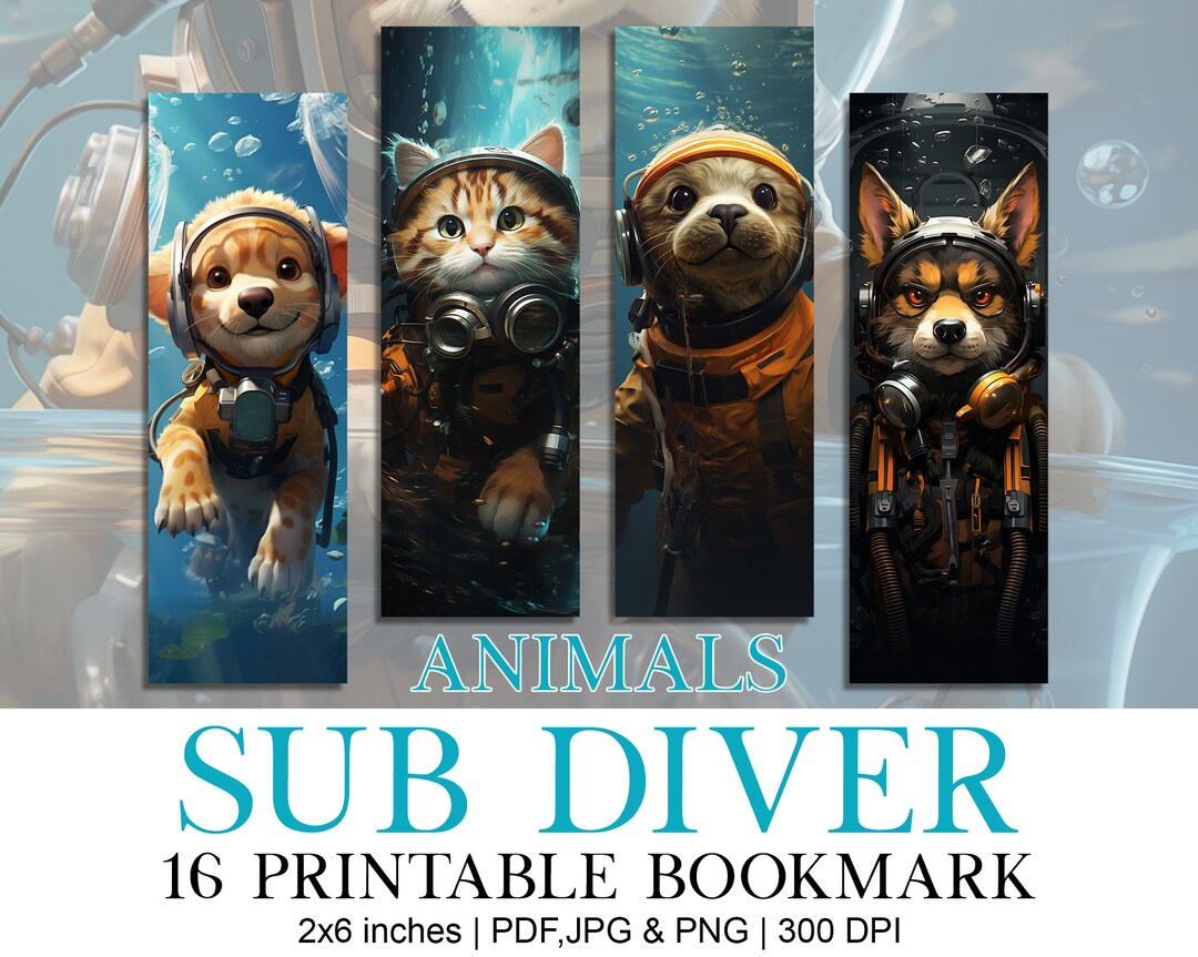 Sub Diver Sea Marine Ocean Printable Bookmark Designs, Aesthetic ...