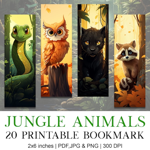 Jungle Animals Rainforest | Bookmark Design, Reading Mode, Bookstack, Book worm, Aesthetic, Printable, Sublimation, Love Reading, Idea