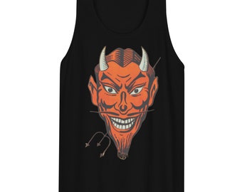 May include: Black tank top featuring a vintage-style illustration of a devil's face. The devil has orange skin, white horns, and a trident. The design is centered on the front of the sleeveless shirt.