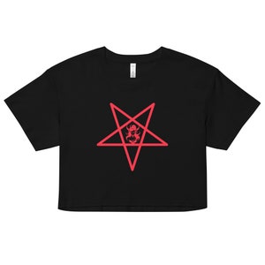 May include: Black cropped t-shirt with a red pentagram featuring a female figure inside.