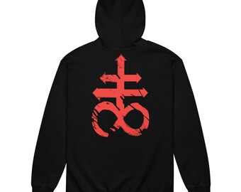 May include: Black hooded sweatshirt with a red, distressed graphic of a symbol with a cross and an infinity sign.