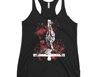 May include: Black tank top with a white graphic of a person hanging upside down on a cross with blood splatter in red.