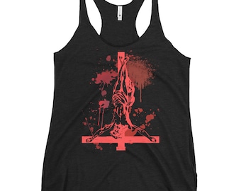 May include: A black tank top with a red inverted cross and a figure hanging from it. The figure is surrounded by red splatter paint.