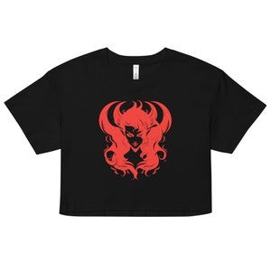 May include: Black cropped t-shirt with a red silhouette of a woman with long hair and horns.