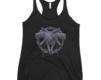 May include: A black tank top with a graphic print of a silver, skeletal hand with claws, surrounded by a wreath of thorns.