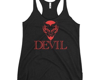 May include: A black racerback tank top with a red devil head graphic and the word "DEVIL" in red lettering.