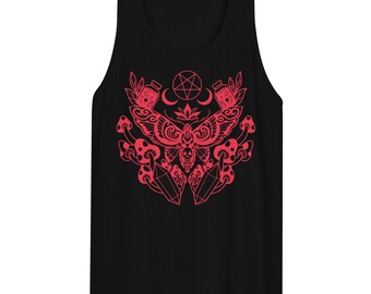 May include: A black tank top with a red graphic design of a moth with a skull in its body, surrounded by mushrooms, crystals, and a pentagram.