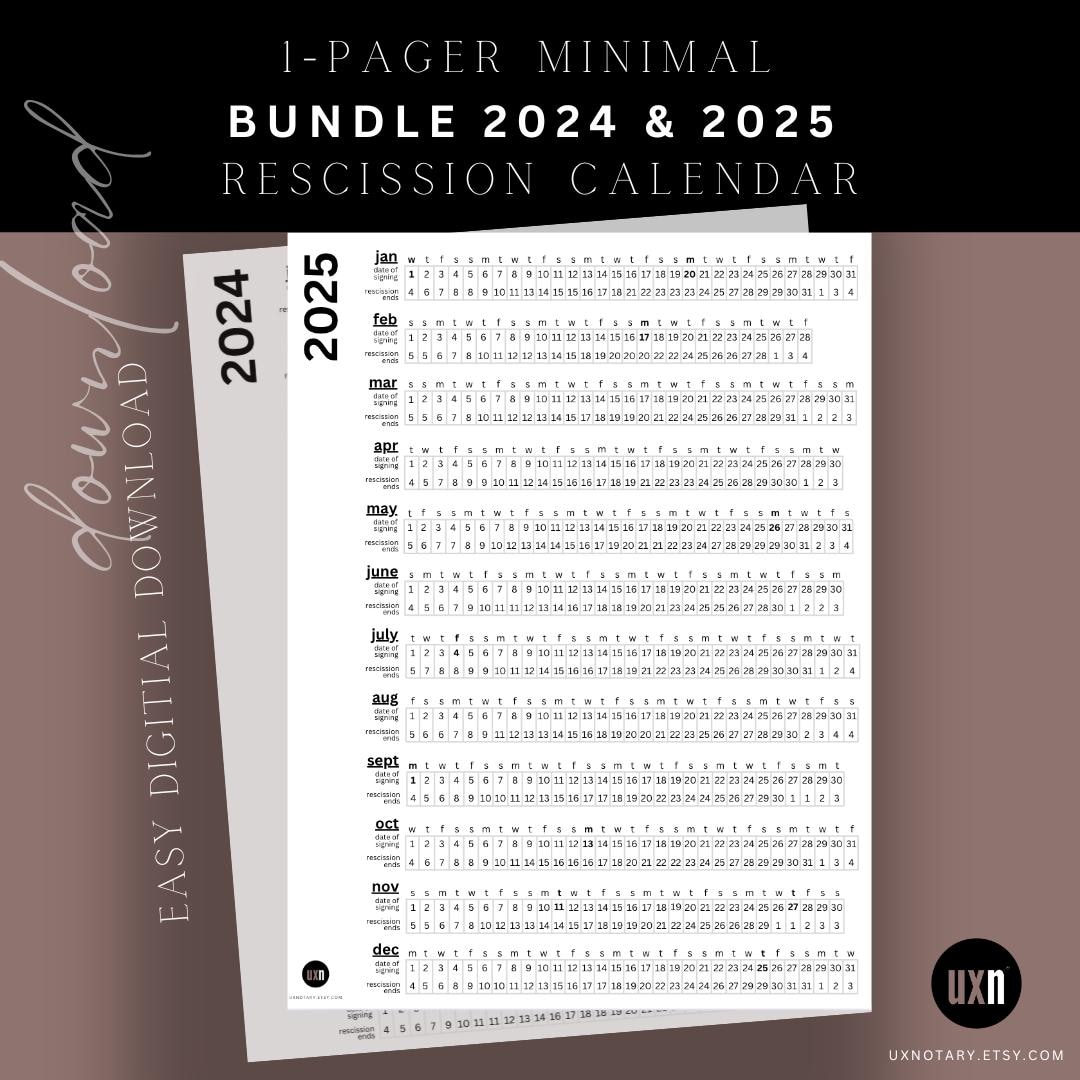 BUNDLE 2024 & 2025 Rescission Calendar Minimal Design Loan Signing Agent Notary Signing Agent Notary Public Rescission Closing Dates - Etsy bundle-2024-2025-rescission-calendar-minimal-design-loan-signing-agent-notary-signing-agent-notary-public-rescission-closing-dates-etsy