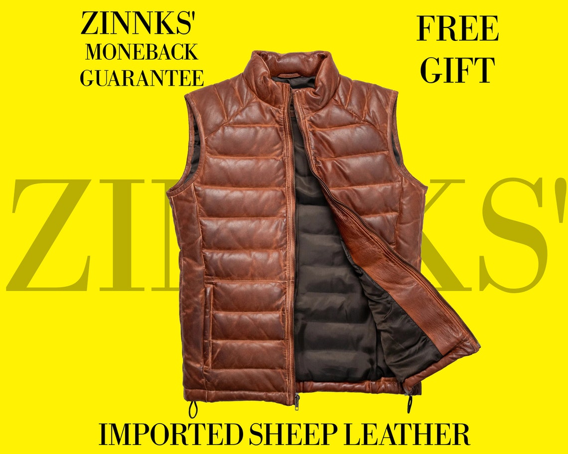 thumbnail image 2 of Smart Range Men’s Vintage Brown Lambskin Leather Bodywarmer – Quilted Gilet, Button & Zip 2 of 6