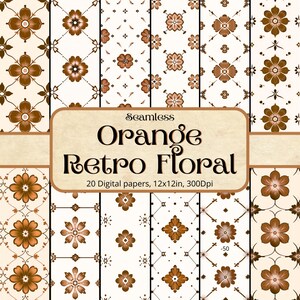 Orange Retro Floral - Tile - Seamless Patterns - Orange - white - 16 patterns - 12x12in - 300dpi - Commercial Use - Decorative Art.