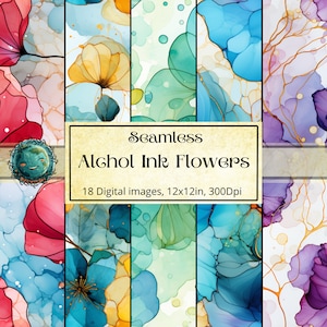 Op de afbeelding: 18 naadloze digitale papierpatronen met abstracte alcohol inktbloemen in tinten van blauw, groen, roze en geel. Elk patroon is 12x12 inch, 300dpi.
