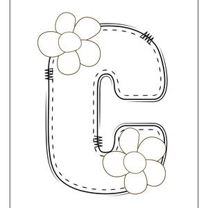 May include: A black and white illustration of the letter C with two simple flower designs on either side. The letter C is outlined with a dashed line, suggesting stitching.