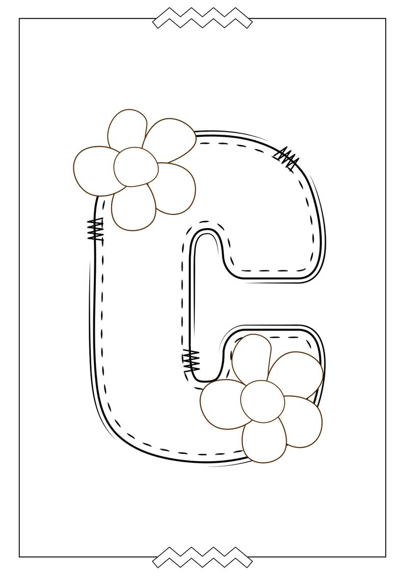 May include: A black and white illustration of the letter C with two simple flower designs on either side. The letter C is outlined with a dashed line, suggesting stitching.