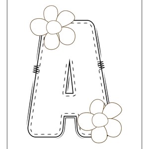 May include: A black and white illustration of the letter A with a stitched border. Two simple flower designs are on either side of the letter.