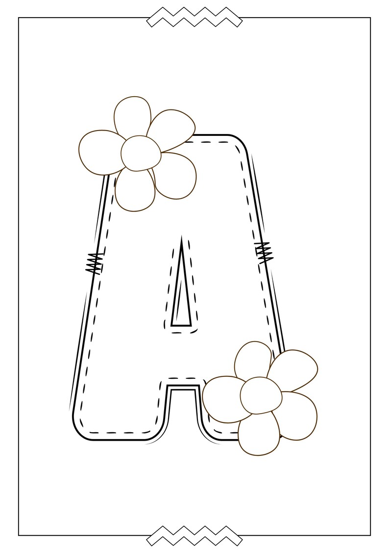 May include: A black and white illustration of the letter A with a stitched border. Two simple flower designs are on either side of the letter.