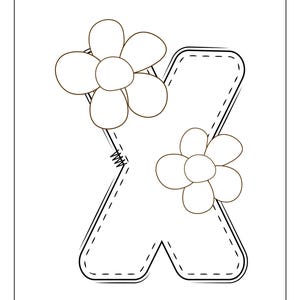 May include: Black and white line drawing of the letter X with two stylized flowers on either side of the letter.