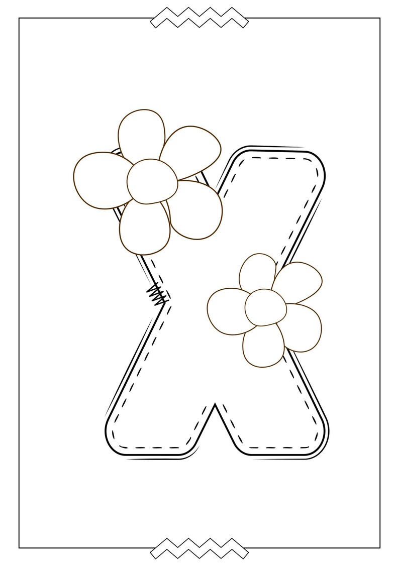 May include: Black and white line drawing of the letter X with two stylized flowers on either side of the letter.