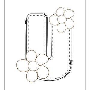 May include: A black and white illustration of the letter U with two simple flower designs. The letter U is outlined with a dashed line to look like stitching.