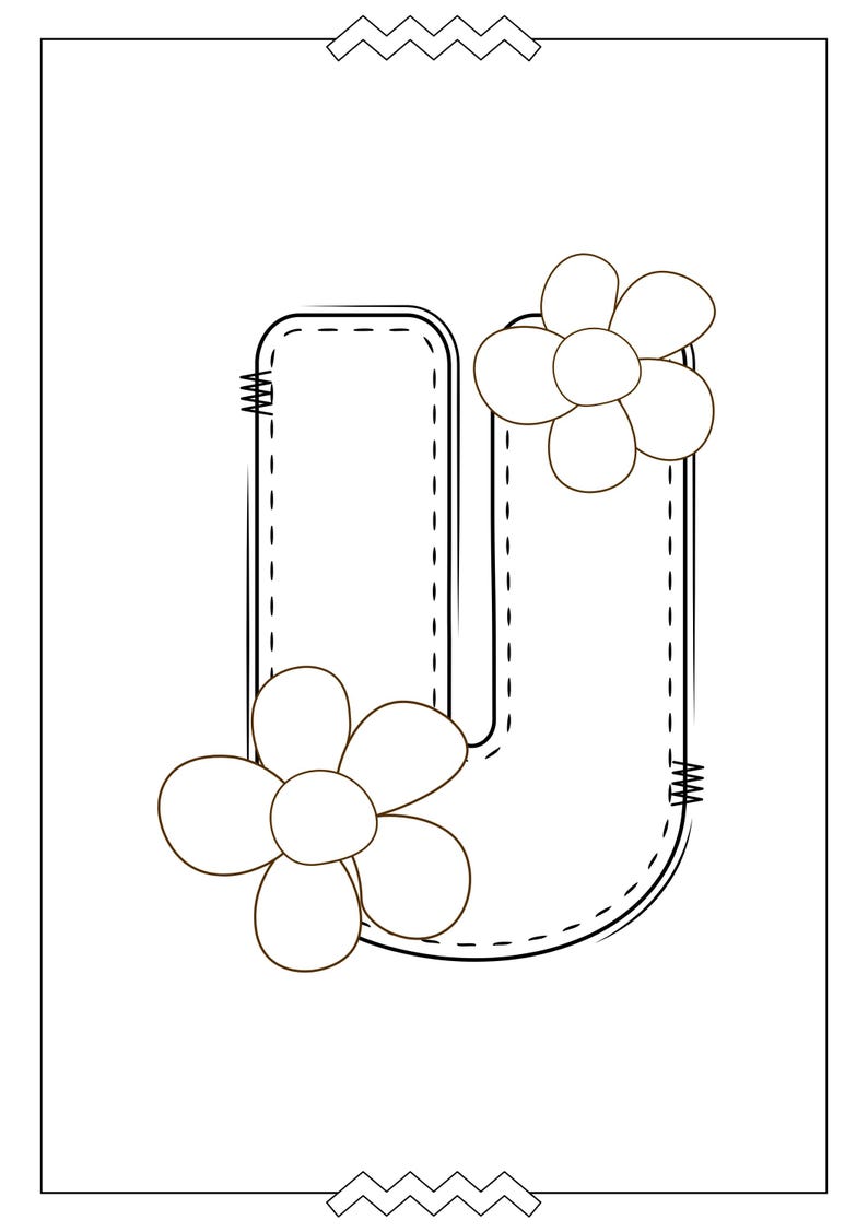 May include: A black and white illustration of the letter U with two simple flower designs. The letter U is outlined with a dashed line to look like stitching.