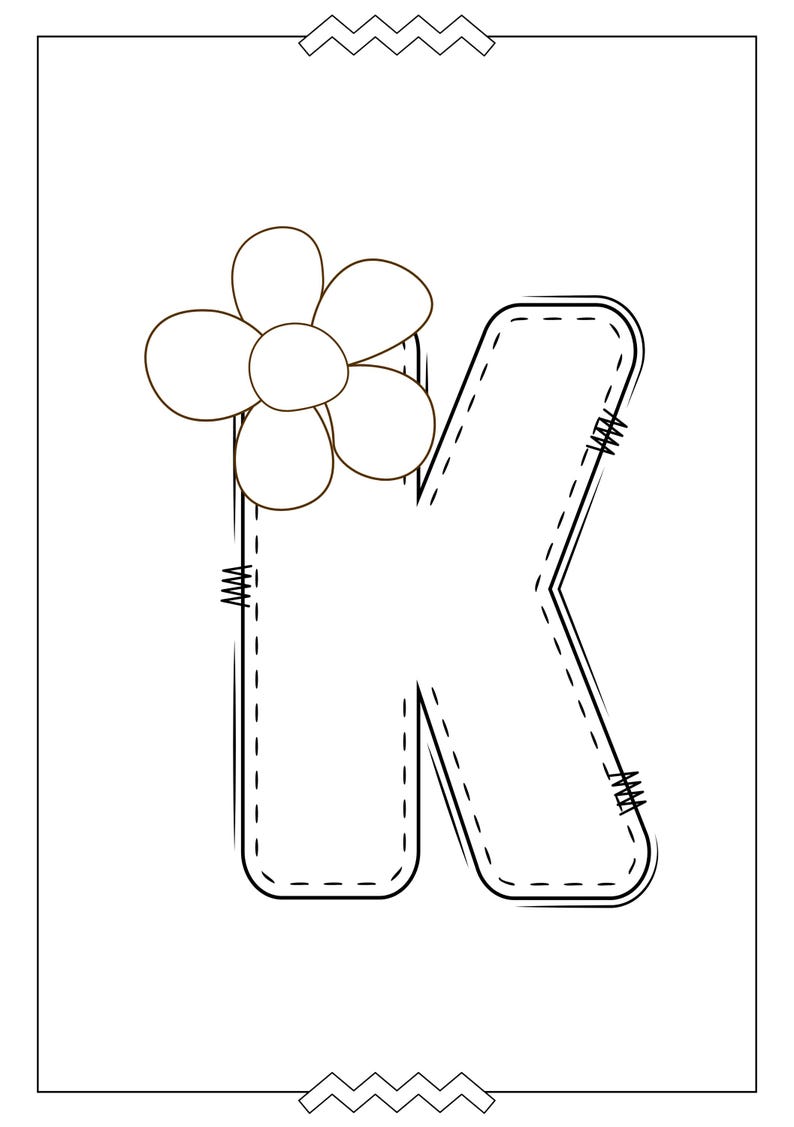 May include: A black and white outline of the letter K with a simple flower design on top. The letter is stylized to look like a patch with stitching details.