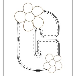 May include: A black and white illustration of the letter G with a stitched outline. Two white flowers with black outlines are on either side of the letter.