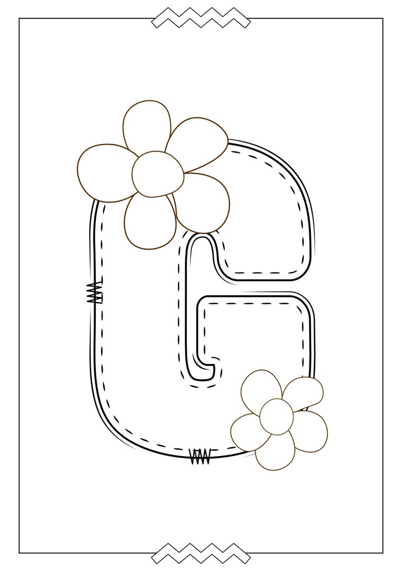 May include: A black and white illustration of the letter G with a stitched outline. Two white flowers with black outlines are on either side of the letter.