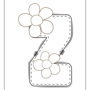 May include: A black and white illustration of the number two with a stitched border. Two white flowers with black outlines are on the number.