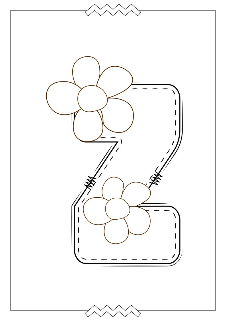 May include: A black and white illustration of the number two with a stitched border. Two white flowers with black outlines are on the number.