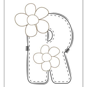 May include: A black and white outline of the letter R with two flowers on it. The flowers have five petals each and are outlined in black.