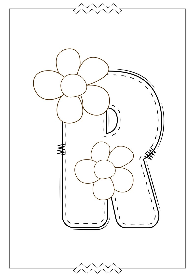 May include: A black and white outline of the letter R with two flowers on it. The flowers have five petals each and are outlined in black.