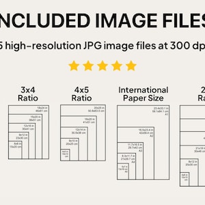 May include: Image file options include 11x14 inches, 3x4 ratio, 4x5 ratio, international paper sizes, and 2x3 ratio. Each file is a high-resolution JPG at 300 dpi. Sizes are shown in inches and centimeters.