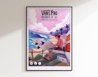 May include: A poster advertising the Vans Pro surfing competition, presented by HIC, at Sunset Beach, North Shore, Hawaii. The poster features a colorful illustration of a surfer sitting on a surfboard with a sunset and ocean in the background.