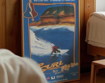 May include: A vintage poster for the Rip Curl Pro Bells Beach surfing competition in 2000. The poster features a surfer riding a wave with a blue and white background. The text on the poster reads "Rip Curl Pro 2000", "Bells Beach", "Racks", and "sick surfing & sick bands".