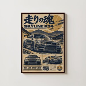May include: A framed poster featuring a dark blue illustration of a Nissan Skyline R34 car. The design includes Japanese text, the words SKYLINE R34, RB26, AWD, STREET LEGEND, a mountain landscape, a car engine diagram, and a performance graph.