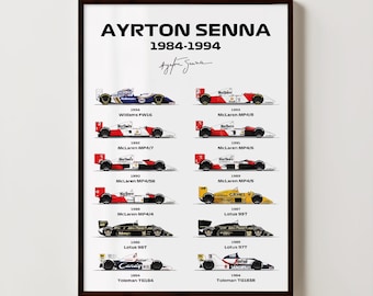 Ayrton Senna F1 Cars Poster, Ayrton Senna McLaren Poster, Formula 1 Wall Art, F1 Racing Poster, F1 Poster, Formula 1 Poster, Senna Poster