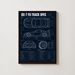 May include: A dark blue technical poster titled RX-7 FD TRACK SPEC featuring white line drawings of a car from top, side, and front views. It includes a detailed wheel illustration, various metric measurements, and a performance specification table.