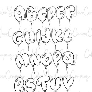 Könnte beinhalten: Schwarz-Weiß-Illustration des Alphabets, wobei jeder Buchstabe als Ballon gestaltet ist. Die Buchstaben sind in einer skurrilen, blasenartigen Schriftart gehalten, wobei jeder Ballon mit einer Schnur versehen ist.