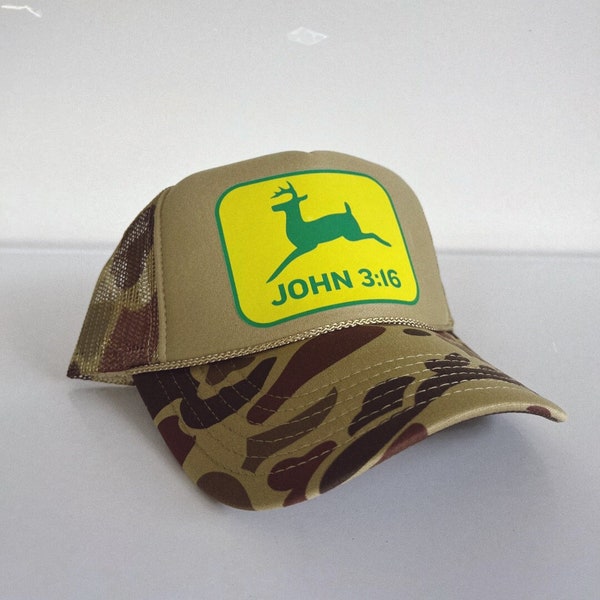 John 3:16 Camo Trucker Hat | Christian Hat | Mesh Hat | Custom Hat | Christian Trucker Hat | John Deere Hat