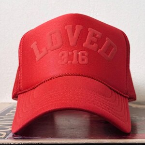Red Christian Trucker Hat Loved 3:16 Religious Baseball Cap Christian Fashion Headwear Loved 316 Design Faith Expression Collection Perfect Teen Gift Youth Group Present Adjustable Trucker Style Daily Wear Essential Blessed Message Statement Inspirational Gift Choice