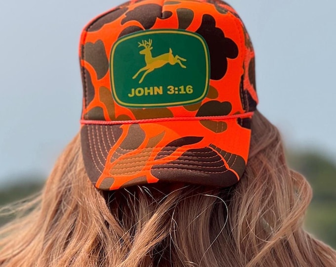 Custom Christian Trucker Hat Camo Hunting Gear John 316 Faith Hat for Outdoor Lover Deer Logo Hat for Farmer Trendy Christian Hat for Men