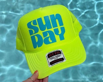 Sunday Custom Trucker Hat Beach Vacation Hat Puff Print Summer Coastal Hat Trendy Weekend Hat for Pool Day Cute Gift Idea Hat for Women