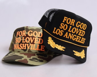 Custom City Trucker Hat, Jesus Trucker Hat, Christian Hat, For God So Loved Hat, Personalized Trucker Hat, John 3:16 Bible Verse Hat