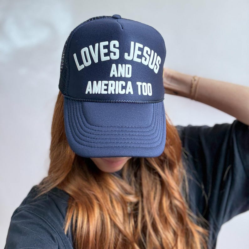 Patriotic Christian Trucker Hat for Teen Mom Gift Summer Style Hat Custom Message Design Premium Quality Construction Mesh Back Panel Adjustable Comfort Fit Statement Fashion Piece Perfect Gift Choice Retro Style Appeal Personal Expression Casual Outdoor Wear Custom Text Options