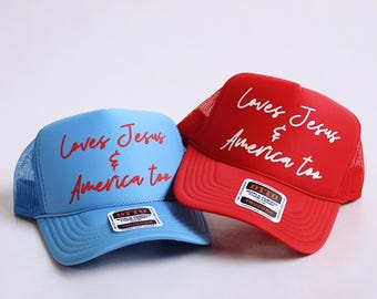 Custom USA Trucker Hat for Christian Mesh Hat Loves Jesus and America Too Hat for Music Lover Gift Idea Retro Faith Hat for Fourth of July