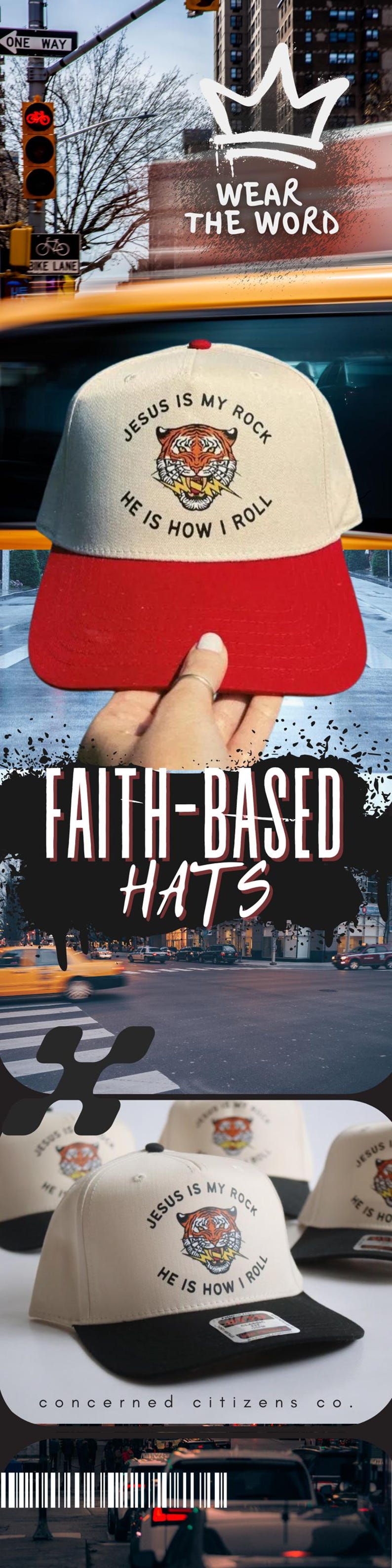 May include: A beige and red baseball cap with a tiger graphic and the text "Jesus is my rock, he is how I roll". The cap is held in a hand against a blurred city background. The text "Faith-based hats" is in the foreground.