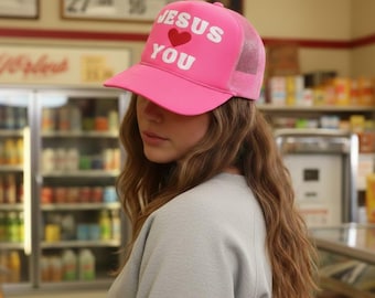 Custom Christian Trucker Hat Jesus Loves You Puff Vinyl Heart Hat for Women Teens Moms Christian Gift Idea Cute Retro Style