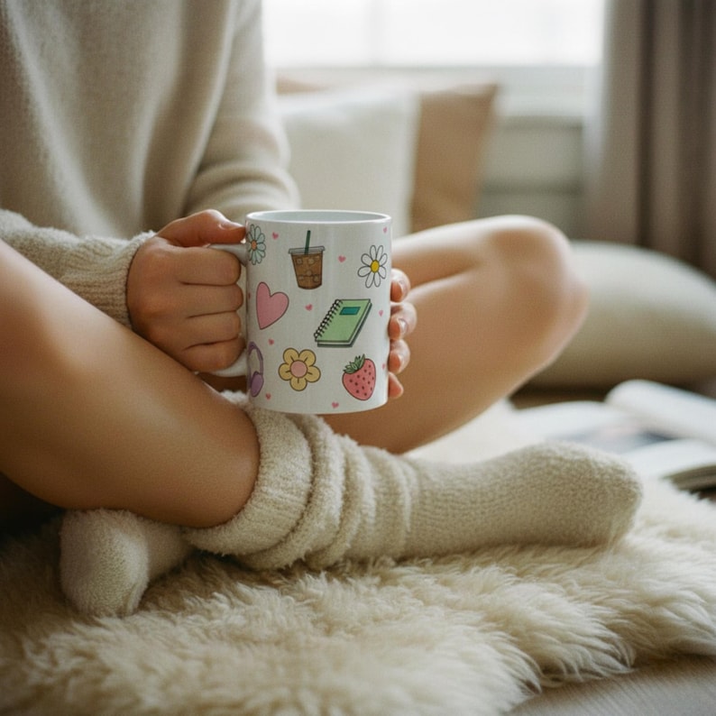 Woman holding white Christian coffee mug featuring pastel doodle notebook, flower, heart, strawberry and iced coffee cup designs, and scattered pink hearts mug for coffee lover gift for teen