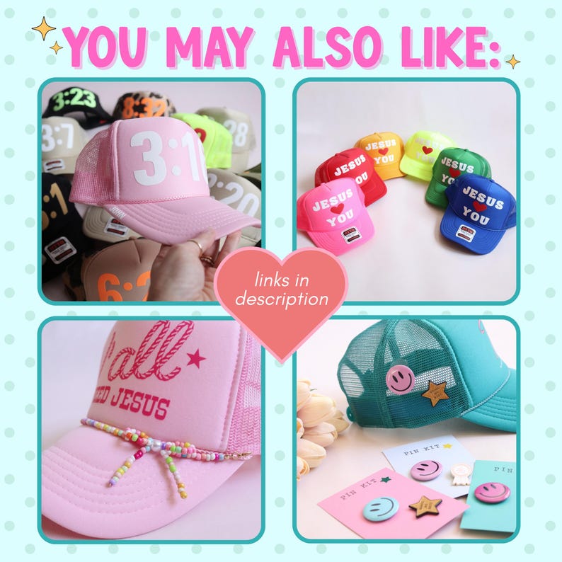 ou may also like” advertisement image featuring four product photos, including a Bible verse hat in multiple colors, Jesus Loves You hats in various colors, hat pins, and a trucker hat with a bow hat chain and multicolored bead accessories.