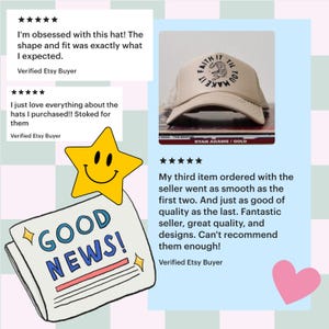Może przedstawiać: Beżowa czapka typu trucker z napisem "Faith it til you make it" i grafiką. Obraz zawiera recenzje klient&oacute;w i grafikę gazety z napisem "Good News!"