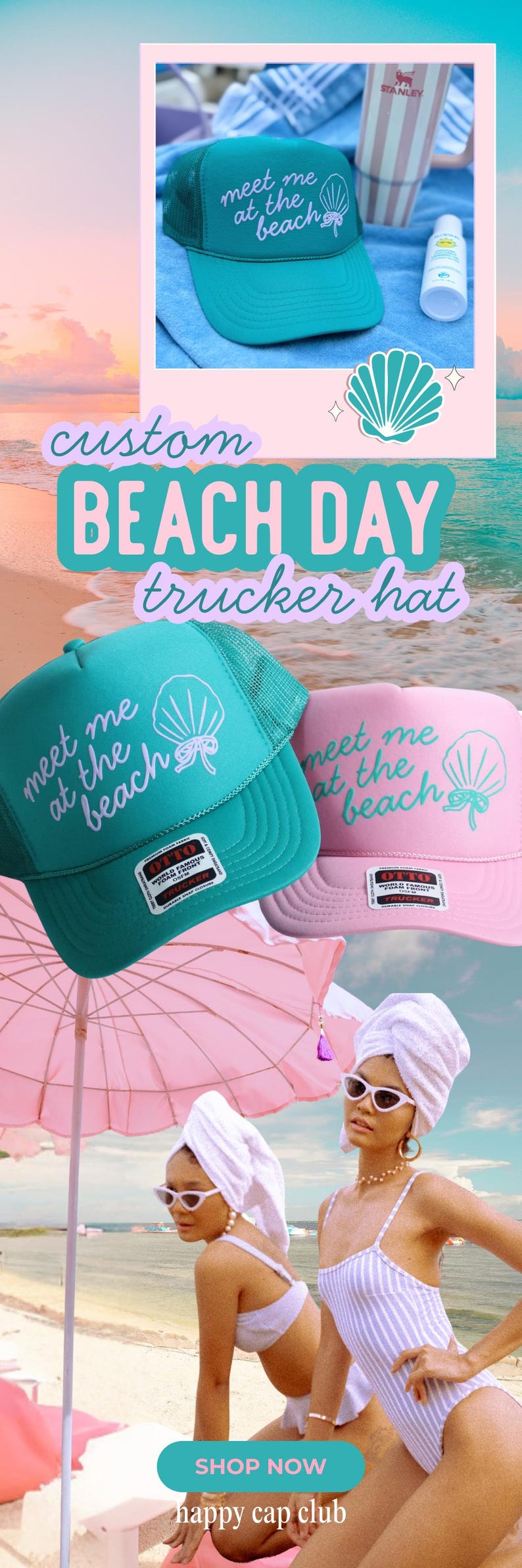 Op de afbeelding: Turquoise en roze truckerpetten met de tekst "meet me at the beach" en een schelpgrafiek. De afbeelding toont ook twee vrouwen in badpakken en zonnebrillen, en de tekst "BEACH DAY trucker hat".